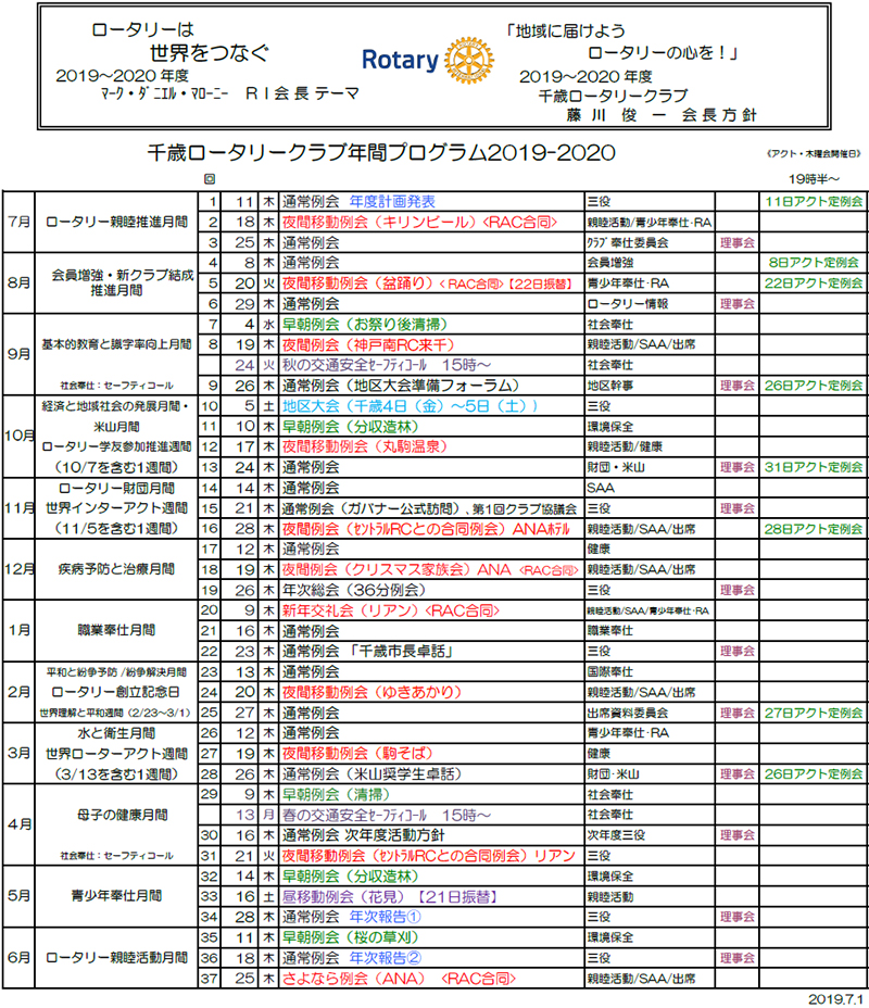 千歳RC年間プログラム 2019年度～2020年度